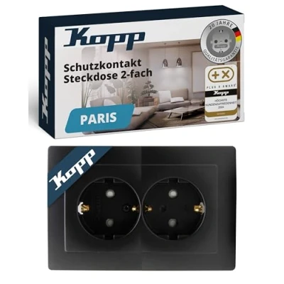 Abbildung von Kopp Paris Schutzkontakt Steckdose, 2 fach, mit Berührungsschutz, Komplettgerät für den Einbau in eine 1 fach Schalterdose Ø 60mm, 16A, 250V , IP20, schwarz, matte Oberfläche, 920950089
