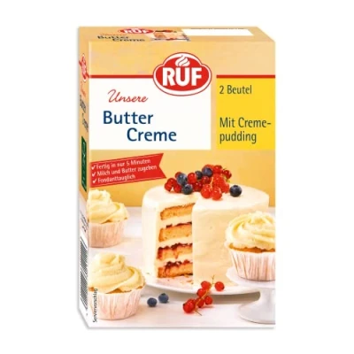 Abbildung von RUF Buttercreme mit Creme Pudding, zum Eindecken &amp; Garnieren von Torten Cupcakes, fondant tauglich, vielseitig anwendbar glutenfrei, 2 x 70g