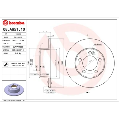 Abbildung von BREMBO 08.A651.10 Bremsscheibe 305 12 5 voll mit Schrauben RENAULT: MASTER 3 Pritsche/Fahrgestell, Kasten, OPEL: Movano B Kastenwagen