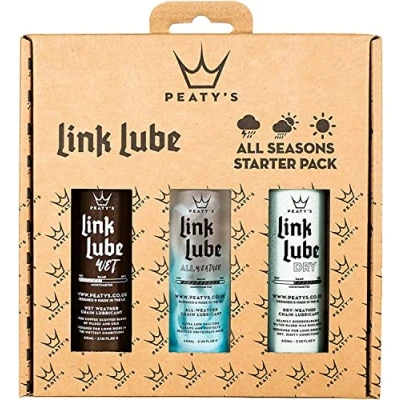 Abbildung von Peaty&#039;s LinkLube Ganzjahres Fahrradkettenschmiermittel Starterpaket, 60 ml Nassschmiermittel, Trockenschmiermittel und Mischwetterschmiermittel, Geschenkpackung