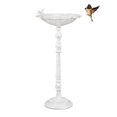 Abbildung von Relaxdays Vogeltränke Gusseisen, Vogelbad mit Ständer, Wildvogeltränke für Garten, antikes Design, 74,5 cm hoch, weiß