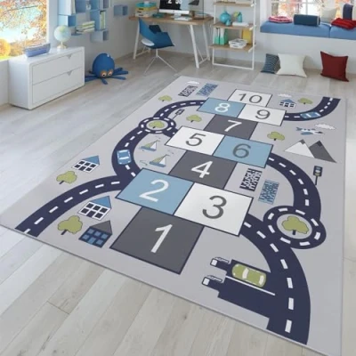 Abbildung von TT Home Kinderzimmerteppich Teppich Junge Mädchen Kinderteppich Baby rutschfest Straße, Farbe: Grau, Größe:120x160 cm
