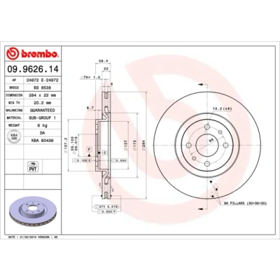 Abbildung von BREMBO 09.9626.14 Bremsscheibe 284 22 4 innenbelüftet FIAT: Coupe, Tipo Schrägheck, ALFA ROMEO: 155, 145, 146, LANCIA: DELTA 2