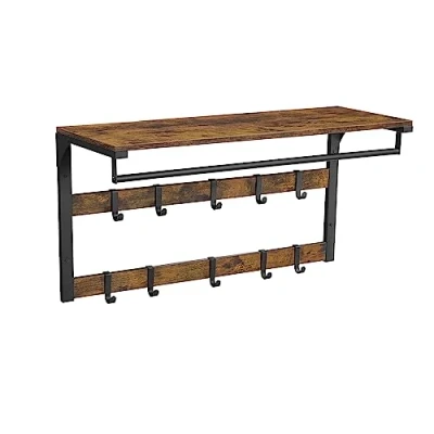 Abbildung von VASAGLE Wandgarderobe, mit Ablage, Wandregal 10 abnehmbaren Haken, Hängeregal, Wandmontage, 2 Garderobenleisten, Kleiderstange, für Flur, Schlafzimmer, Badezimmer, vintagebraun schwarz LCR201B01