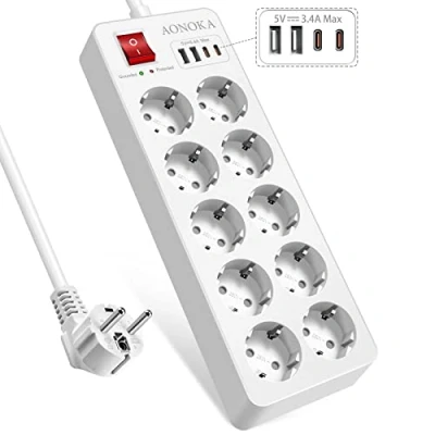 Abbildung von Mehrfachsteckdose mit USB C,10 Fach Steckdosenleiste Überspannungsschutz,10er Steckerleiste Wandmontage Schalter, Mehrfachstecker für Steckdose, Steckdosenadapter 1,5m Kabel Weiß