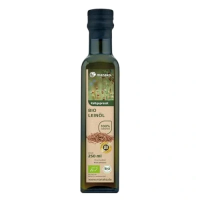 Abbildung von manako BIO Leinöl human, kaltgepresst und 100% rein, 250 ml Glasflasche
