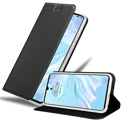 Abbildung von Cadorabo Hülle kompatibel mit Huawei P30 aus Premium Kunst Leder Flip Klappbare Stoßfeste Magnetische [Standfunktion] [Kartenfächern] Cover für Tasche in Schwarz