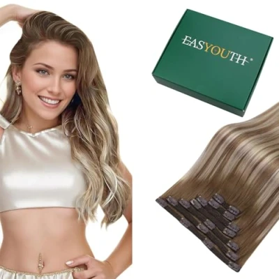 Abbildung von Easyouth Echthaar Clip in Extensions Remy Clips Mittelbraun Mix Platin Blond und Haarverlangerung Glatt 35 cm 70g 7Pcs #6/60/6