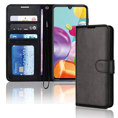 Abbildung von TECHGEAR Leder Hülle Galaxy A41, PU Flip Case Schutzhülle Ledertasche [Brieftasche] Handyhülle mit Ständer und Handschlaufe Beutel kompatibel Samsung A41 Schwarz