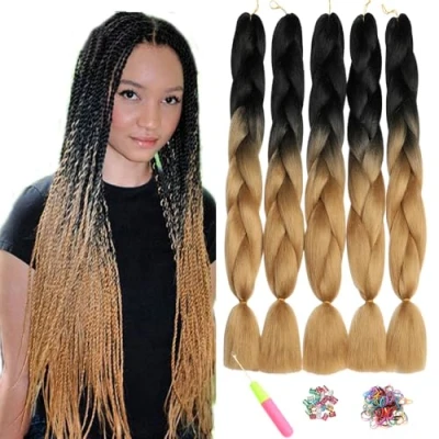 Abbildung von ShowJarlly Jumbo Braid Kunsthaar Haar, Ombre Extension, 24 Zoll Kanekalon Haar Flechten Extensions 5 Stücke Für Crochet Twist Box Zum Einflechten Zöpfe Schwarz/Hellbraun#