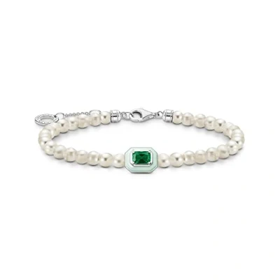 Abbildung von Thomas Sabo Damen Armband mit weißen Perlen und grünem Stein, 925 Sterlingsilber, Kaltemail, Länge: 16 19 cm, A2096 082 6 L19v