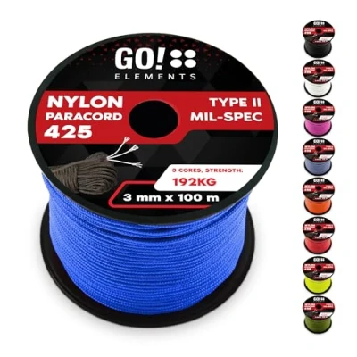 Abbildung von GO!elements 100m Paracord Seil aus reißfestem Nylon 3mm 425 Typ II max. 192kg Schnüre als Outdoor Seil, Allzweckseil, Survival Armband, Hundeleine, Nylonschnur, Farbe: Blau