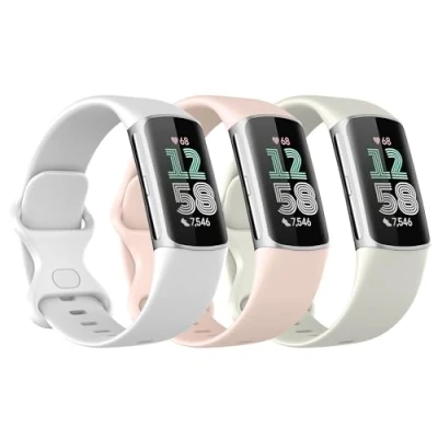 Abbildung von Astorgos 3 Stück Armband Kompatibel mit Fitbit Charge 6/Fitbit 5 für Damen Herren, Weiches TPE Uhrenarmband Ersatzarmband, Sand Rosa/Mond Weiß/Weiß