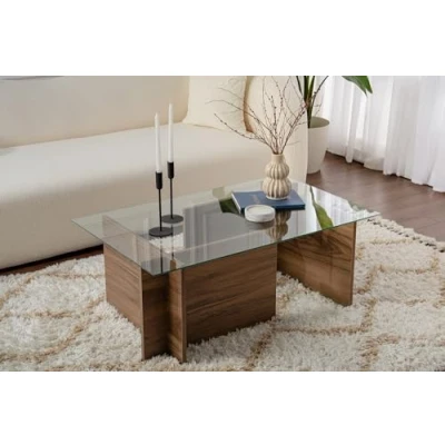 Abbildung von Hanah Home Elegant Walnut Coffee Table, 105 x 65 40 cm 100% Tempered Glass Top, Melamine Coated Particle Board, 18 mm Thick Stylish &amp; Durable Design