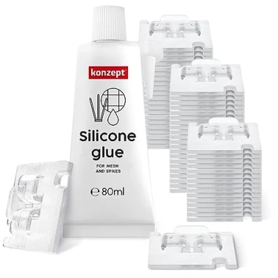 Abbildung von 50 Stück Klebehaken zur Befestigung für Katzennetz am Balkon, mit Montagekleber 80ml, extra stark transparent, klein, Haken ohne Bohren, wetterfest, outdoor geeignet