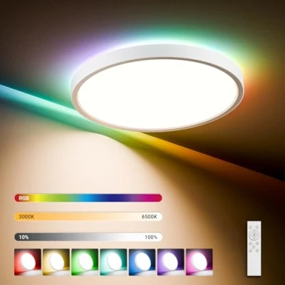 Abbildung von LQWELL Deckenleuchte LED Deckenlampe Dimmbar mit Fernbedienung, Flache Deckenbeleuchtung, RUND, fest integriert, 24W 2500LM, 3000 6500K RGB Weiß, für Wohnzimmer Schlafzimmer Esszimmer Balkon Korridor, 300 * 40mm
