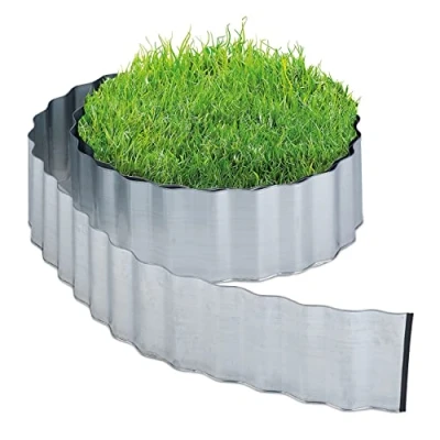 Abbildung von Relaxdays Rasenkante, 8 m, Beetbegrenzung aus Metall, verzinkt, flexibel, Umrandung für Rasen &amp; Beet, 16 cm hoch, Silber