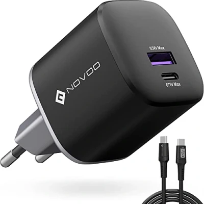 Abbildung von NOVOO 67 W USB C Ladegerät mit 2 Anschlüssen, GaN Ladegerät, schnelles Kompakt, faltbar, für Reise, Wandladegerät MacBook Pro/Air, iPad Pro, Pixel 7, ThinkPad, Dell XPS 13, Steam Deck