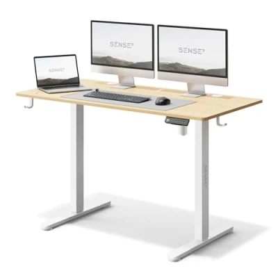 Abbildung von SENSE7 Höhenverstellbarer Schreibtisch elektrisch NOJO, Standing Desk 120x60, PC Tisch mit Memory, Stehschreibtisch Kabel Tray, Gaming Haken, geräuscharme Höhenverstellung, White Pine