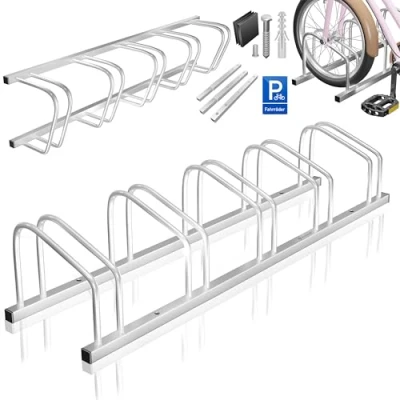 Abbildung von KESSER® Fahrradständer für 5 Fahrräder inkl. Parkschild Mehrfachständer mit 37cm Radabstand 30 65mm Reifenbreite Fahrradhalter Aufstellständer Boden oder Wandmontage Radständer Silber