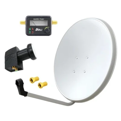 Abbildung von 60cm HD Sat Anlage Twin LNB + Satfinder 2 F Stecker Digital Teilnehmer Antenne Weiss UHD 4K