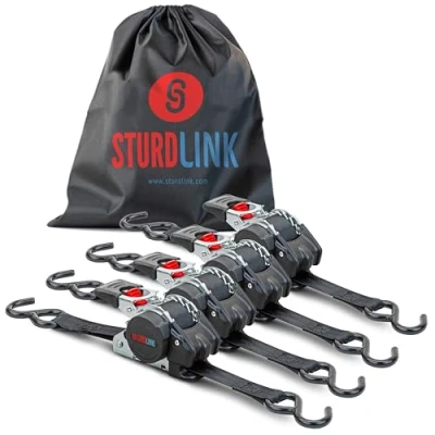 Abbildung von Automatik Spanngurt 3m 25mm mit S Haken 300kg/600kg Set von 4 Spanngurte Selbstaufrollend Automatischer Spanngurtwickler/Spanngurtaufroller Zurrgurt für Pkw Anhänger Quad Motorrad EN 12195 2
