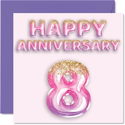 Abbildung von Hübsche Bronze Jubiläumskarte für Ehefrau, Freundin, Ehemann, Freund, rosa lila Glitzer Luftballons Happy 8th Anniversary Cards from Family, 145 mm x Grußkarten den achten Jahrestag