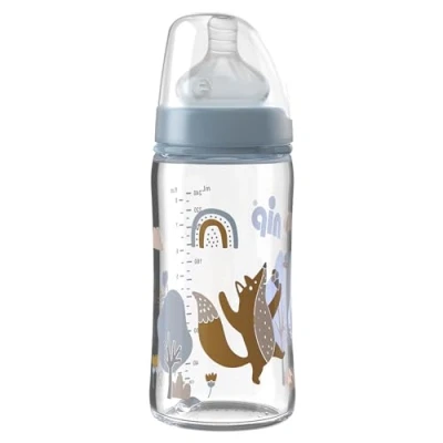 Abbildung von NIP Weithalsflasche mit Anti Kolik Sauger: Baby Trinkflasche ACTIFLEX System, Made in Germany, BPA Frei, Glass, Einheitsgröße, Saugloch M mittlerer Trinkfluss, 240 ml, Boy