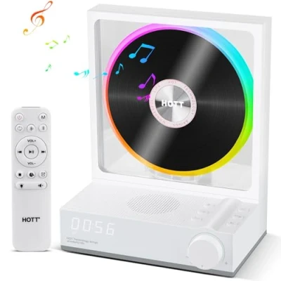 Abbildung von HOTT CD Player Tragbar mit Fernbedienung, Bluetooth 5.3 Desktop RGB Lichtern, Tragbarer HiFi Lautsprechern, Unterstützt TF Karte, Transkription, LED Bildschirm, Timer(Weiß)