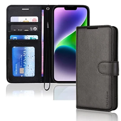 Abbildung von TECHGEAR hülle iPhone 14 Leder klappbar, PU Flip Schutzhülle Ledertasche [Brieftasche] Handyhülle mit Ständer und Handschlaufe Schwarz Kompatible (6,1&quot;)