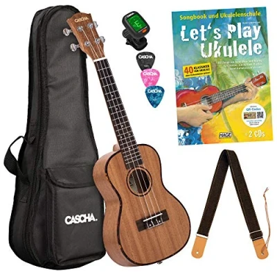 Abbildung von CASCHA Konzert Ukulele Set Kinder Erwachsene I Starter Kit 3 Plektren Tasche Gurt Lehrbuch Stimmgerät Premium Mahagoni Kleine Hawaii Gitarre für Anfänger Fortgeschrittene