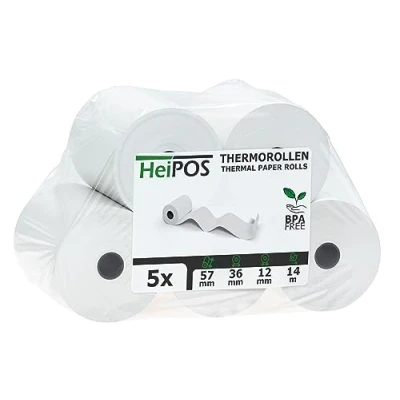 Abbildung von HeiGroup HeiPOS 5x Kassenrollen Thermorollen 57 mm x 14 m 12 55 g/m² Papier Für EC Cash, Kreditkarten Kassensysteme und mehr