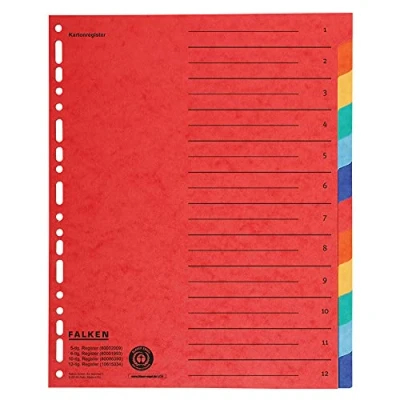 Abbildung von Original Falken Karton Register überbreit für DIN A4+ 24,5 x 30 cm volle Höhe mit Organisationsdruck 12 teilig vollfarbig 2 6 Farben zur Ablage von Prospekthüllen
