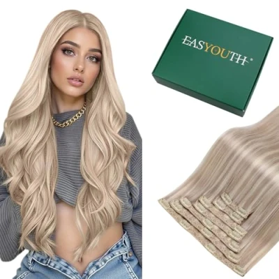 Abbildung von Easyouth Echthaar Extensions Clip in Blond Aschblond und Gelb Haarverlangerung Remy Doppelt Tressen 40 cm 120g #18P613