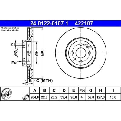 Abbildung von ATE 24.0122 0107.1 Bremsscheibe 284,0 22,0 4 98,0 Belüftet beschichtet FIAT: Punto II Schrägheck, Coupe, Multipla, ALFA ROMEO: 155, 145, 146