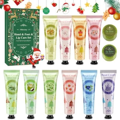 Abbildung von Handcreme Lippenstift Set,12pcs Mini Handcremes Fußcreme Lippenbalsam Set,Feuchtigkeitscreme Pflegecreme Geschenkset für Frauen und Männer