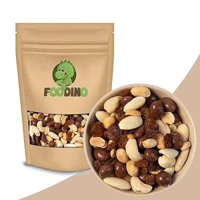 Abbildung von Nussmischung Schoko mit Erdnüssen Rosinen Cashewkerne Erdnüsse geröstet Mandeln ohne Haut alle ungesalzen Schale 1kg 5kg Studentenfutter FOODINO(1kg)