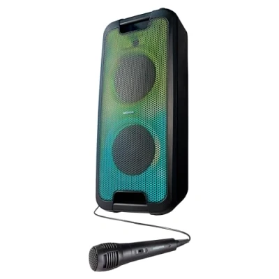 Abbildung von MEDION E61400 Party Soundsystem (Partylautsprecher, inkl. Mikrofon, Karaoke, Akku, Bluetooth 5.0, Kompaktanlage, Farbige umlaufende LEDs, USB, AUX, 2X Mikrofonanschluss)
