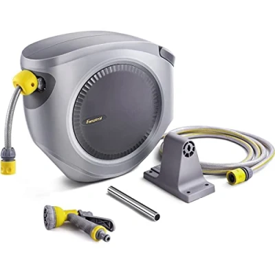Abbildung von FANZTOOL 35m Schlauchtrommel Set mit Wandhalterung Inkl. 8 Funktionen Multi Handbrause Automatik Einrollen 180 Schwenkbar Gartenschlauch RoHS geprüft