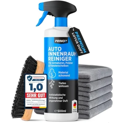 Abbildung von Prinox® Profi Auto Innenraum Reiniger Set 580ml + 5 Mikrofasertücher Polsterbürste Cockpitpflege für die Innen Reinigung von Kunststoff, Polster, Leder &amp; Armaturen Autopflege Innenraumreiniger