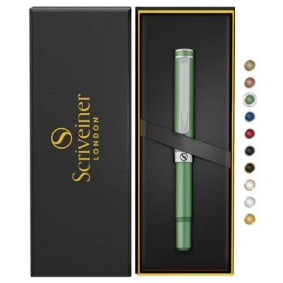 Abbildung von Scriveiner Grün Kugelschreiber EDC Luxus Stift, Taschenkugelschreiber mit Chrom, schönes Schreibstift Geschenk für Mann &amp; Frau, Deutsche Schmidt Mine, Ausgefallenes Büro Designer Schreibset