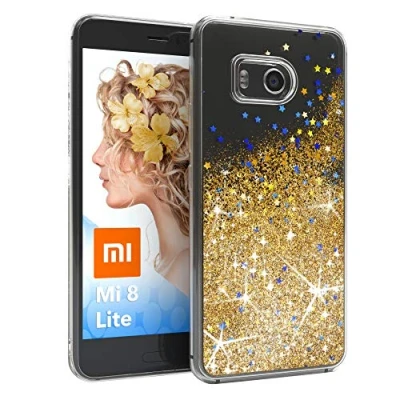 Abbildung von EAZY CASE Hülle kompatibel mit Xiaomi Mi 8 Lite Schutzhülle Flüssig Glitzer, Handyhülle, Schutzhülle, Back Cover Glitter Flüssigkeit, TPU/Silikon, Transparent/Durchsichtig, Gold