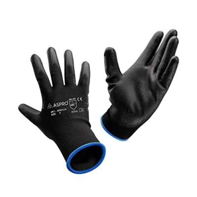 Abbildung von ASPRO Arbeitshandschuhe 10 Paar Größe 8 (M) Gartenhandschuhe Schwarze Nylon Handschuhe mit PU Beschichtung für Bauarbeiter, Gärtner, Mechaniker, Lagerarbeiter etc.