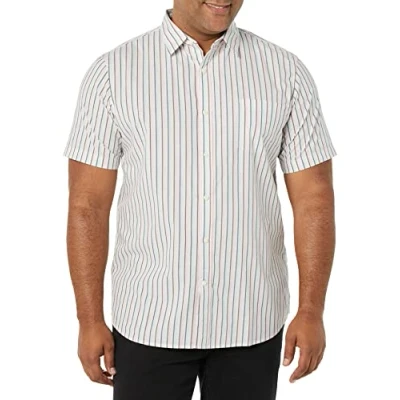 Abbildung von Amazon Essentials Herren Kurzärmeliges Hemd aus Popeline, Schmale Passform, Rosa Grünblau Streifen, XL