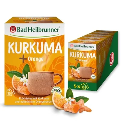 Abbildung von Bad Heilbrunner Bio Kurkuma + Orangen Tee Kräutertee im Filterbeutel Kurkuma, Hibiskus und harmonische Zusammenspiel (5 x15 Stück Filterbeutel)