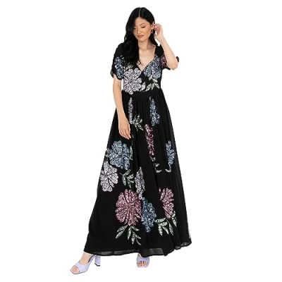Abbildung von Maya Deluxe Women&#039;s Maxi Ladies Embellished Floral Sweetheart Neckline for Wedding Guest Bridesmaid Occasion Prom Ball Gown Dress, Black, 42