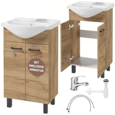 Abbildung von Domodomo Badezimmerschrank mit Waschbecken 85 x 50 41 cm Stehender Schublade und Unterschrank, Elegantes Set Keramikwaschbecken