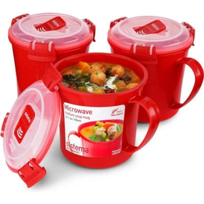 Abbildung von Sistema Microwave Suppentasse, mittelgroß mikrowellenfeste Frischhaltedose 656 ml BPA frei rot 3 Stück
