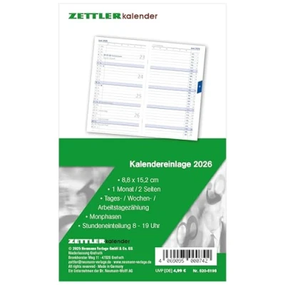 Abbildung von Kalender Ersatzeinlage 2026 für den Taschenplaner Typ 520 8,8x15,2 cm 1 Monat auf 2 Seiten separates Adressheft faltbar Notiz Heft 6198
