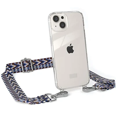 Abbildung von EAZY CASE Handykette Flexibler Trageriemen kompatibel mit iPhone 13, Schultergurt zum Umhängen, Riemen, Band austauschen, Wechselgurt, Blau/Weiß Metall Silber